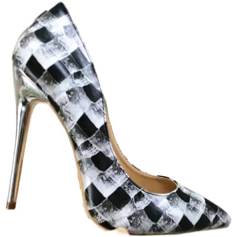 High-heels with black-and-white plaid pattern, Fashion Evening Party Shoes, yy16