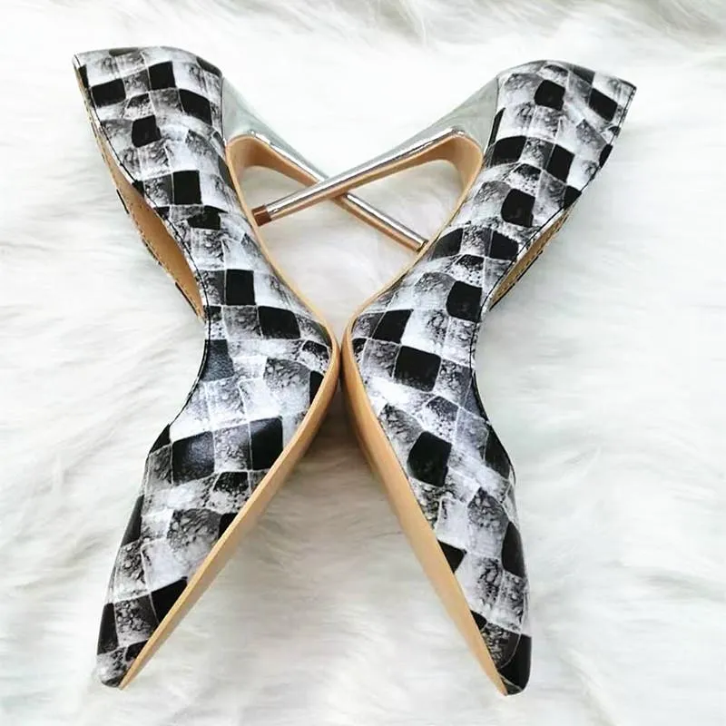 High-heels with black-and-white plaid pattern, Fashion Evening Party Shoes, yy16