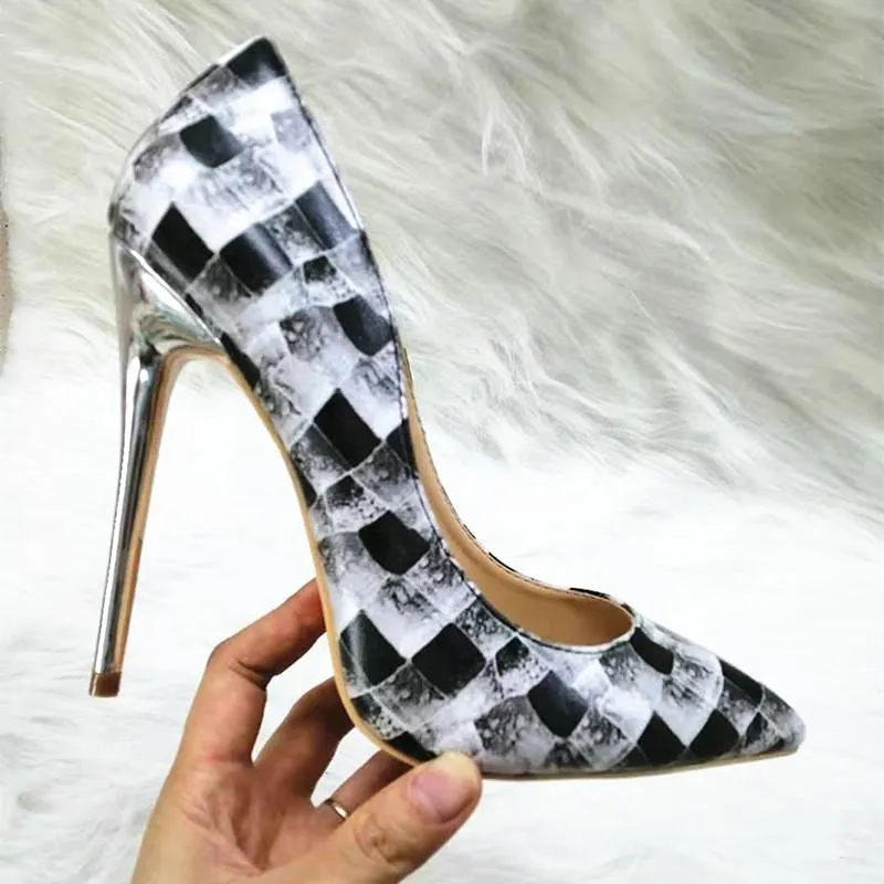 High-heels with black-and-white plaid pattern, Fashion Evening Party Shoes, yy16