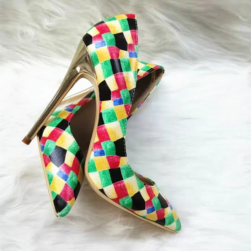 High-heels with colorful plaid pattern, Fashion Evening Party Shoes, yy17