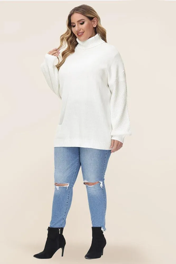 HN Women Plus Size Lantern Sleeve Sweater Loose Fit Turtleneck Pullover Knitwear