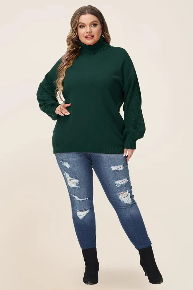 HN Women Plus Size Lantern Sleeve Sweater Loose Fit Turtleneck Pullover Knitwear