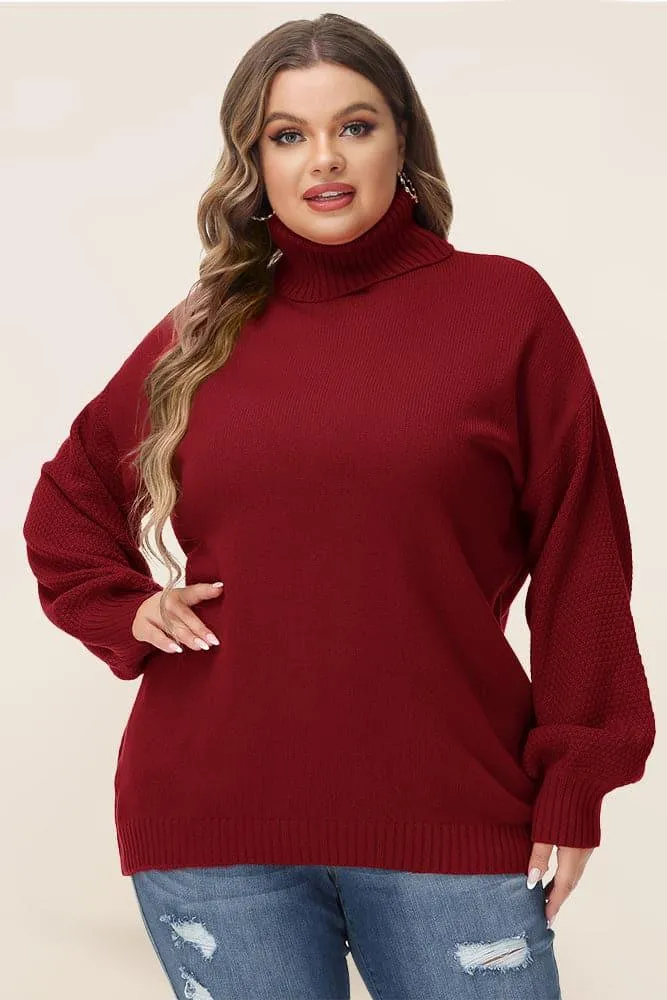 HN Women Plus Size Lantern Sleeve Sweater Loose Fit Turtleneck Pullover Knitwear