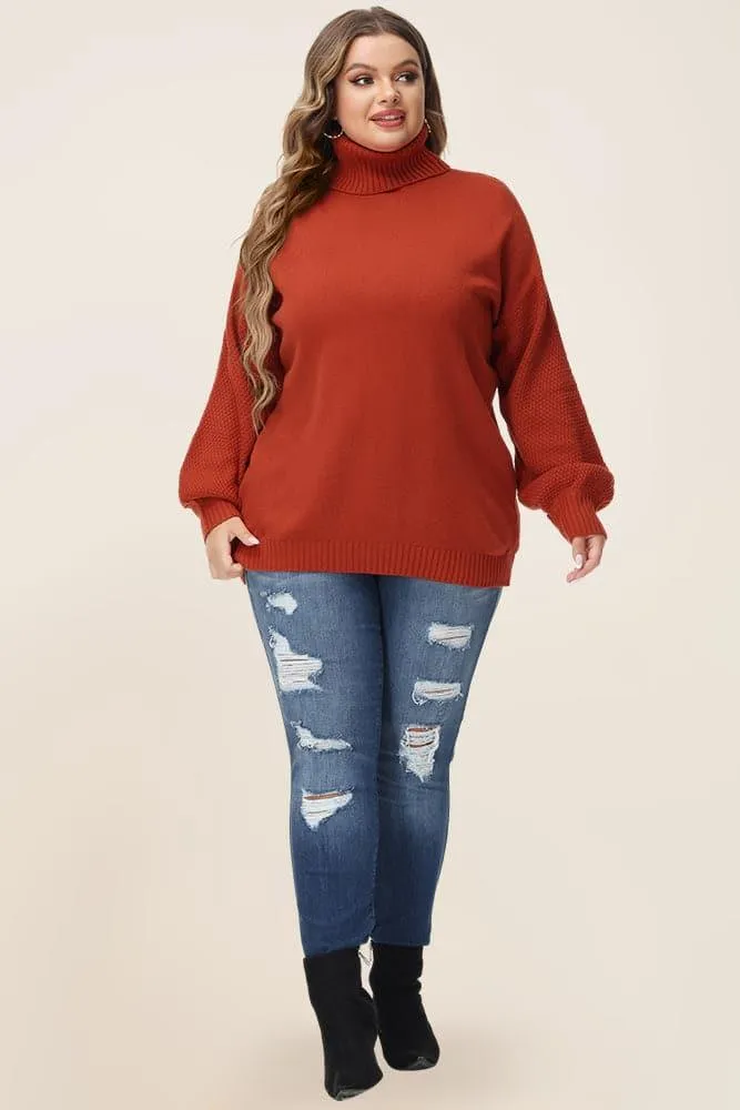 HN Women Plus Size Lantern Sleeve Sweater Loose Fit Turtleneck Pullover Knitwear