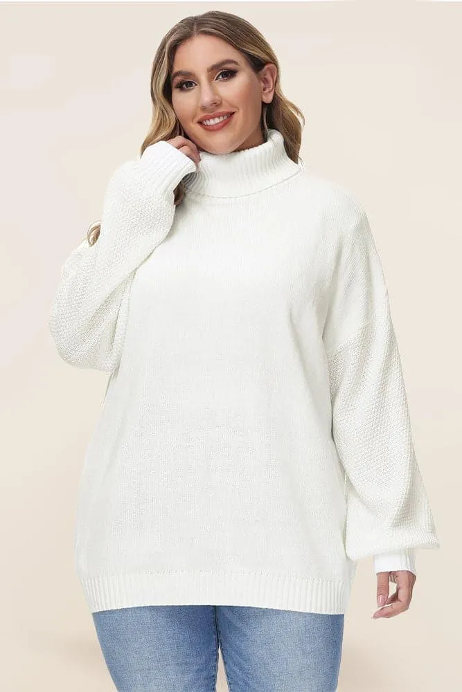 HN Women Plus Size Lantern Sleeve Sweater Loose Fit Turtleneck Pullover Knitwear