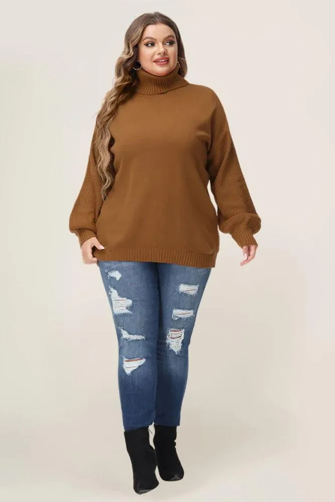 HN Women Plus Size Lantern Sleeve Sweater Loose Fit Turtleneck Pullover Knitwear