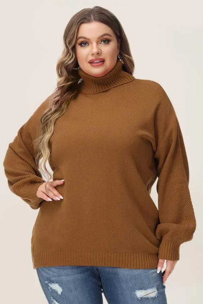 HN Women Plus Size Lantern Sleeve Sweater Loose Fit Turtleneck Pullover Knitwear