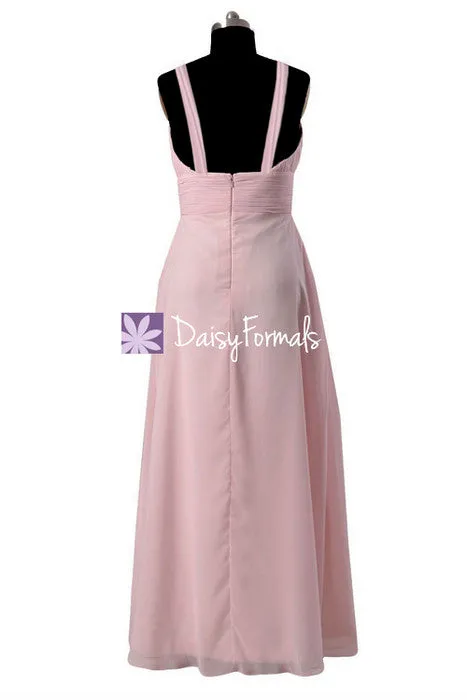 Ice Pink Long V-neck Chiffon Bridesmaid Dress Beaded Prom Dress(BM350)