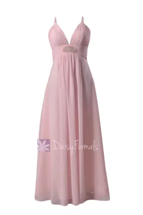 Ice Pink Long V-neck Chiffon Bridesmaid Dress Beaded Prom Dress(BM350)