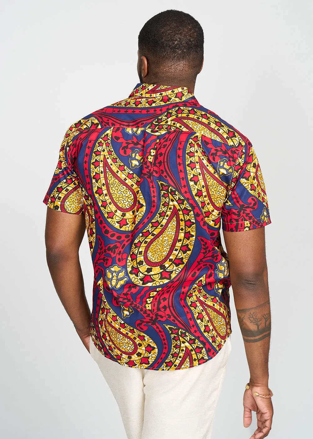 Keyon Men's African Print Button-up Shirt (Gold Navy Paisley)