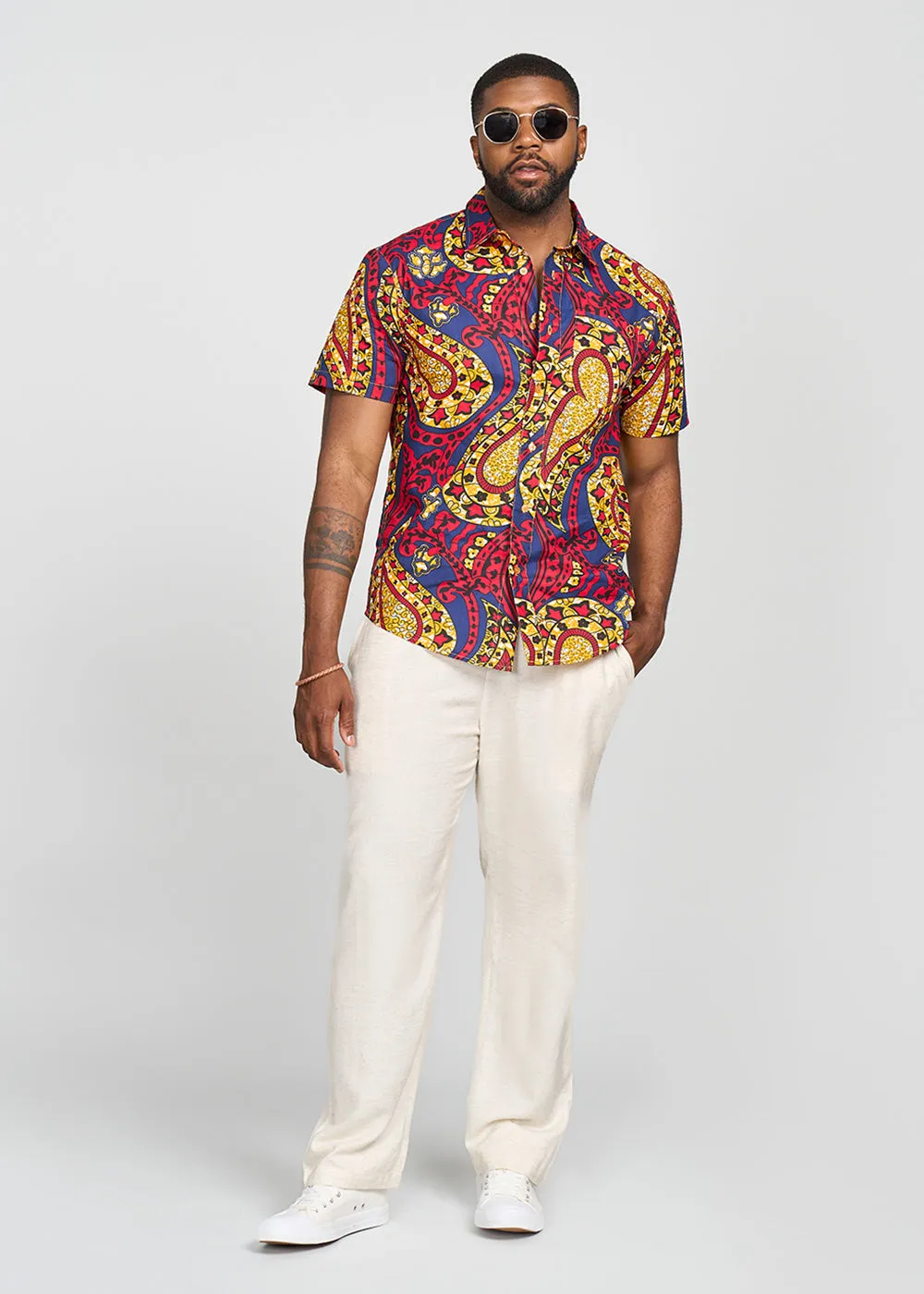 Keyon Men's African Print Button-up Shirt (Gold Navy Paisley)