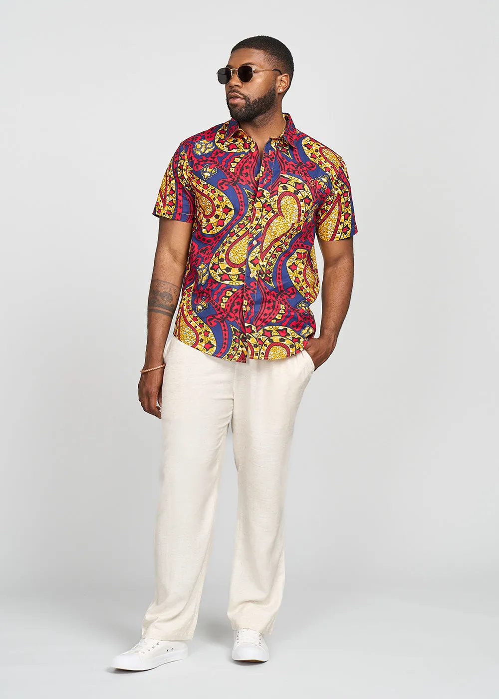 Keyon Men's African Print Button-up Shirt (Gold Navy Paisley)