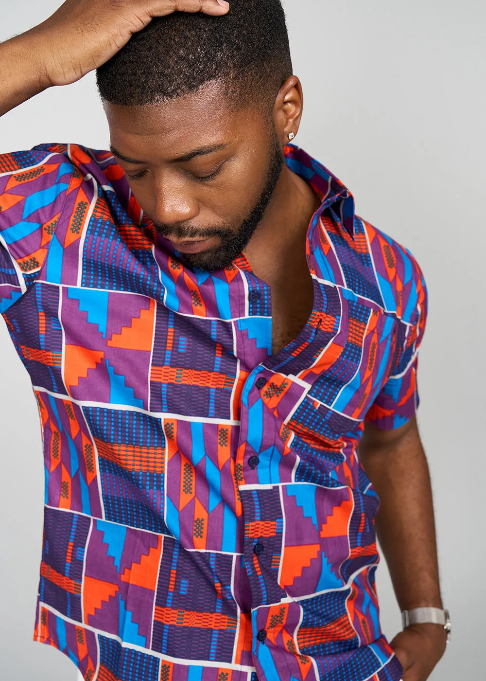 Keyon Men's African Print Button-up Shirt (Purple Navy Kente)