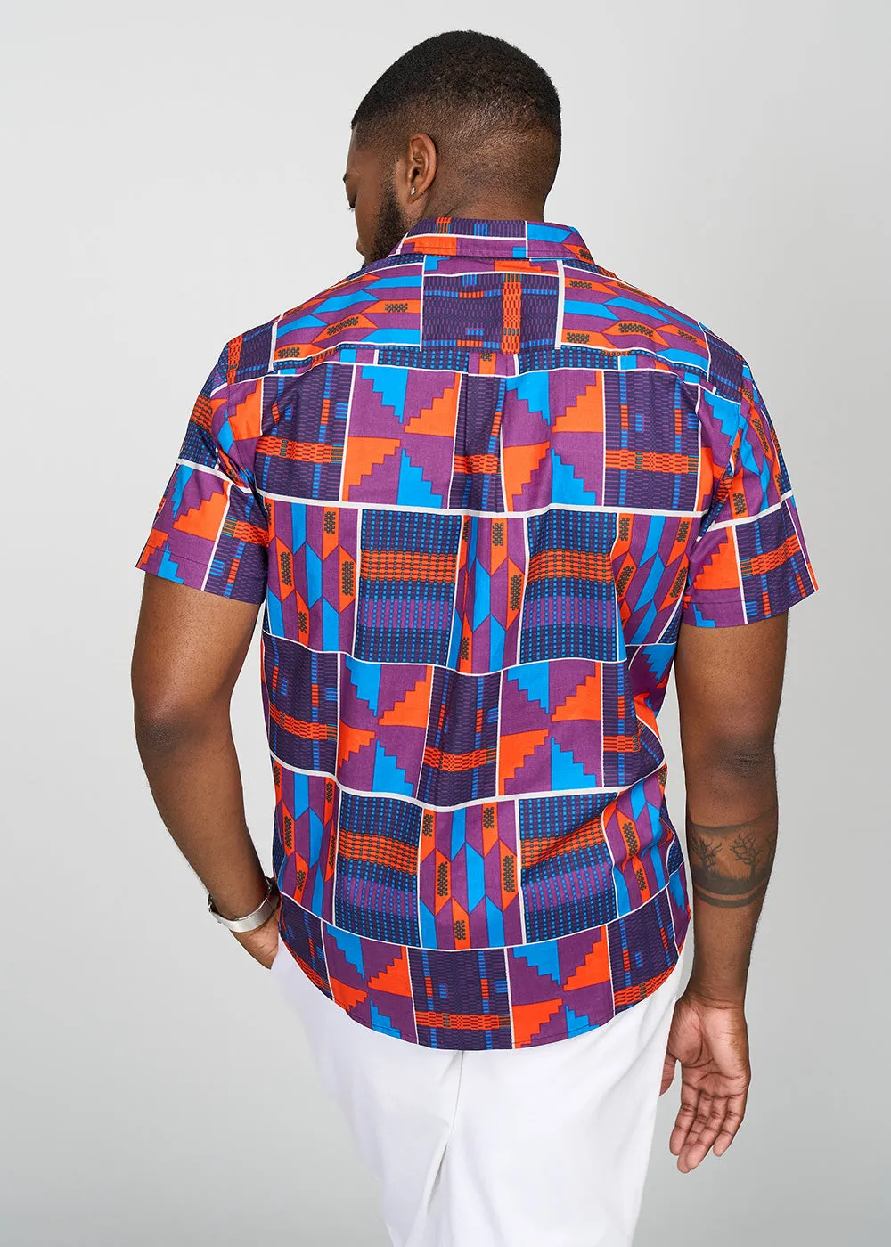 Keyon Men's African Print Button-up Shirt (Purple Navy Kente)