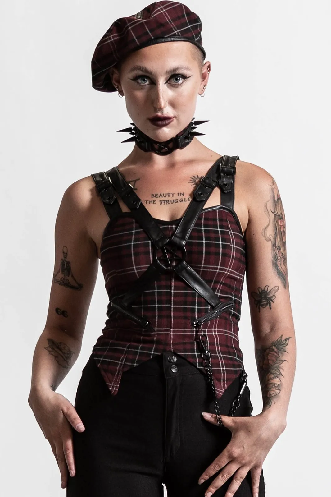 Killstar Jaded Strap Top in Blood Tartan