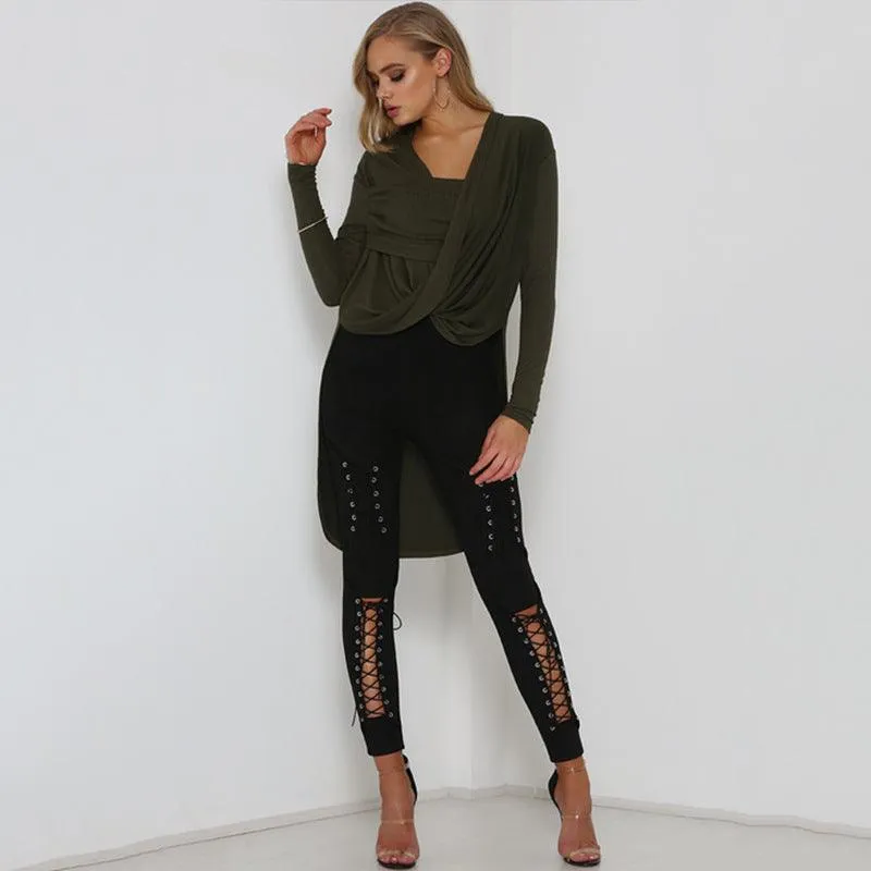 LACE-UP SUEDE SKINNY PANTS