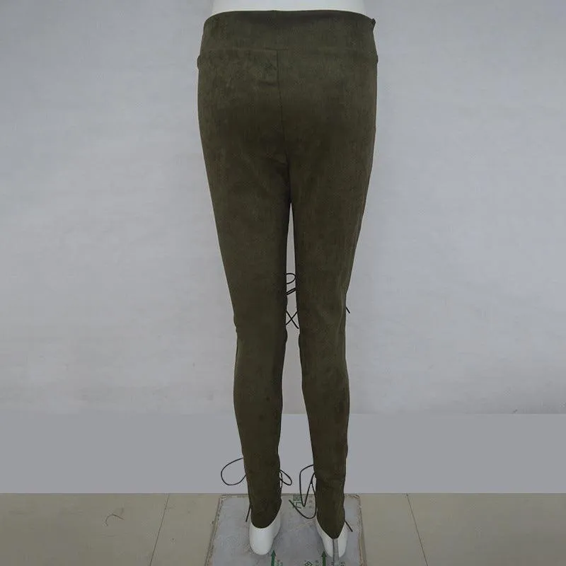 LACE-UP SUEDE SKINNY PANTS