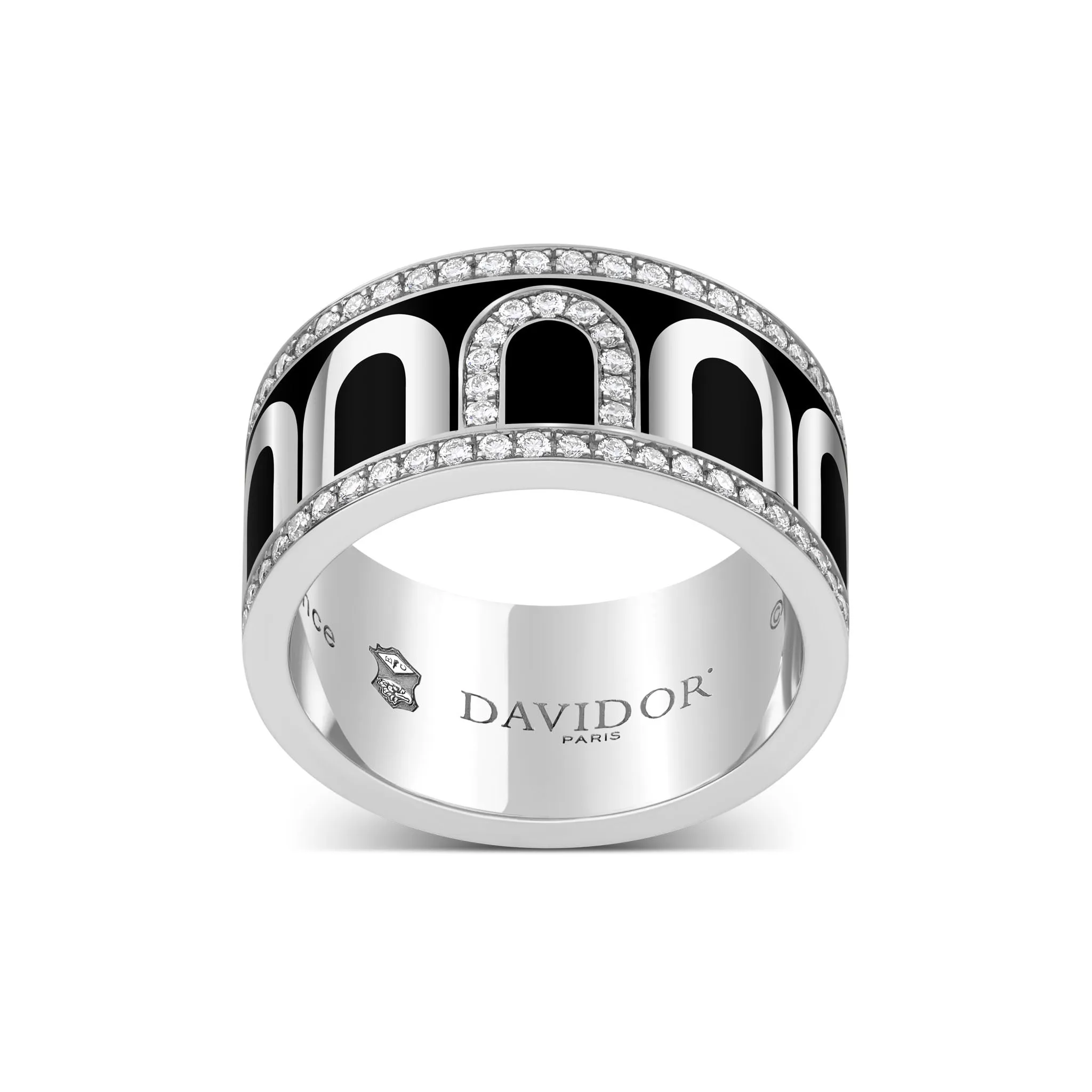 L'Arc de DAVIDOR Ring GM, 18k White Gold with Caviar Lacquered Ceramic and Porta Diamonds