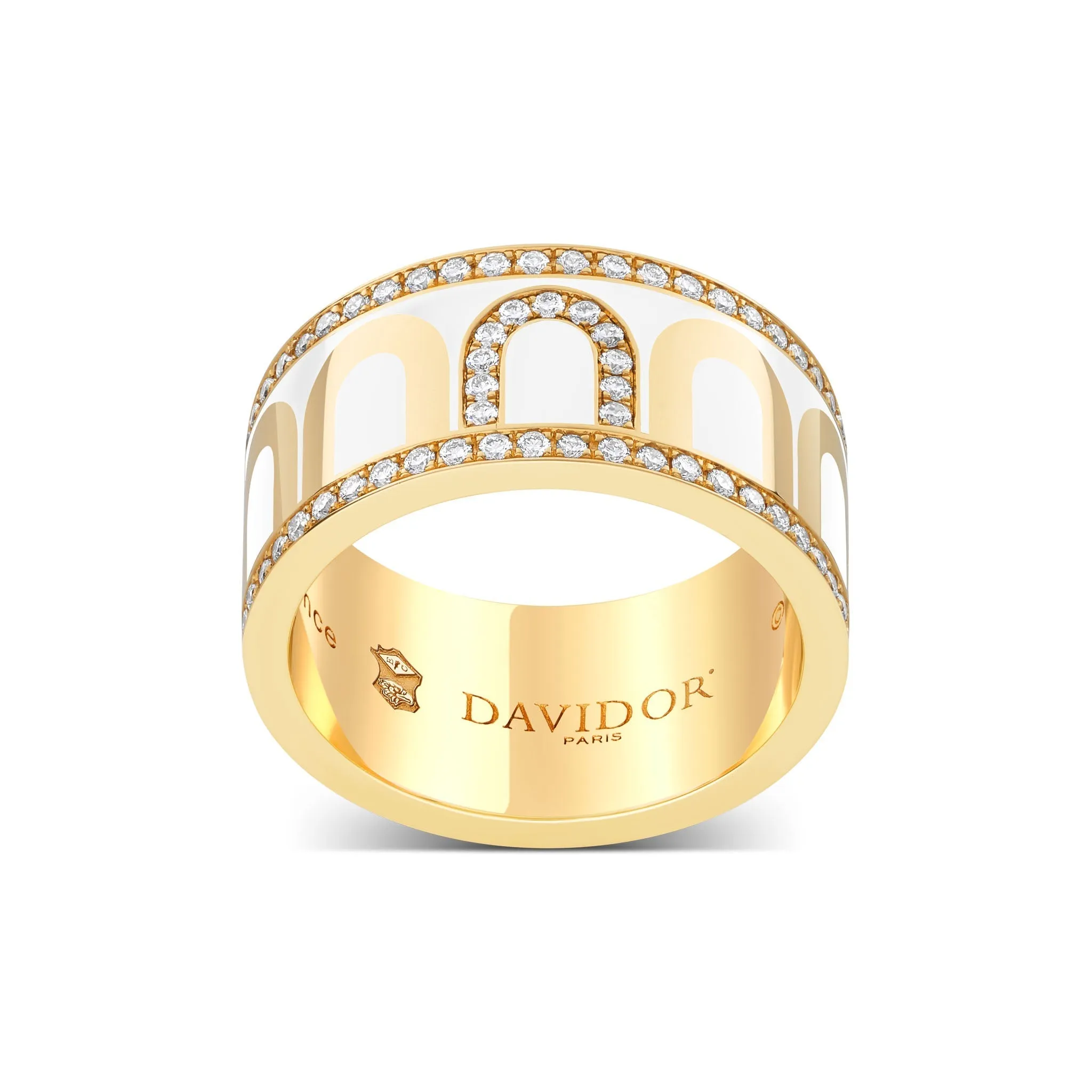 L'Arc de DAVIDOR Ring GM, 18k Yellow Gold with Neige Lacquered Ceramic and Porta Diamonds