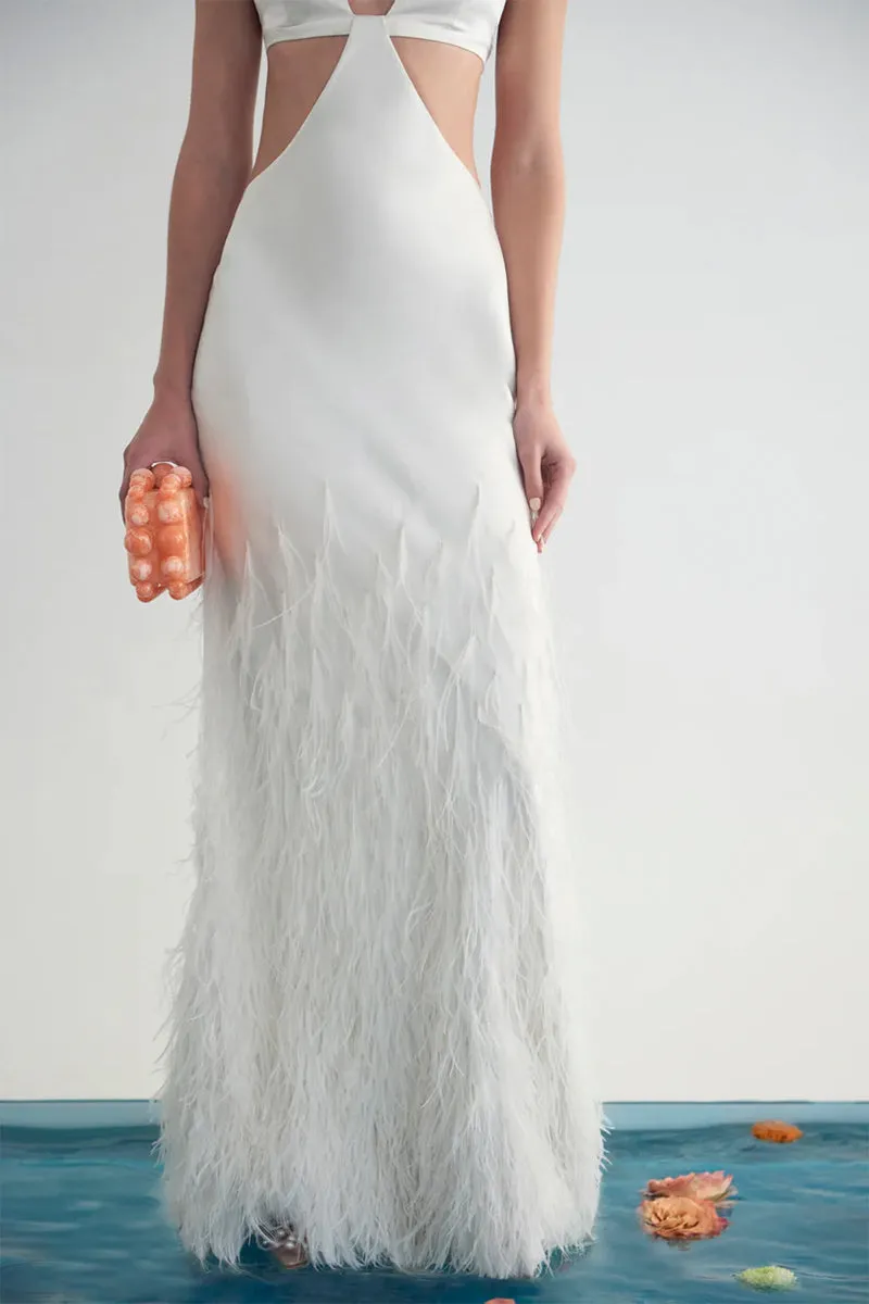 Lena Satin Cutout Ostrich Feather Maxi Dress