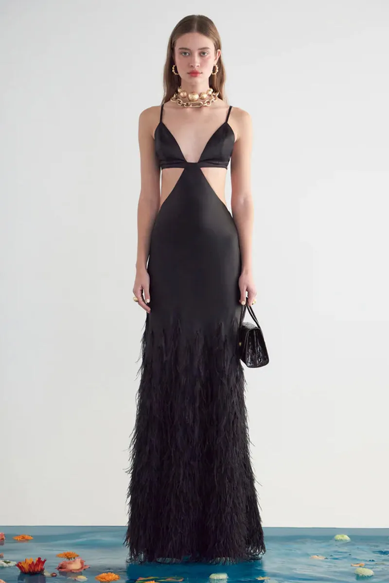 Lena Satin Cutout Ostrich Feather Maxi Dress