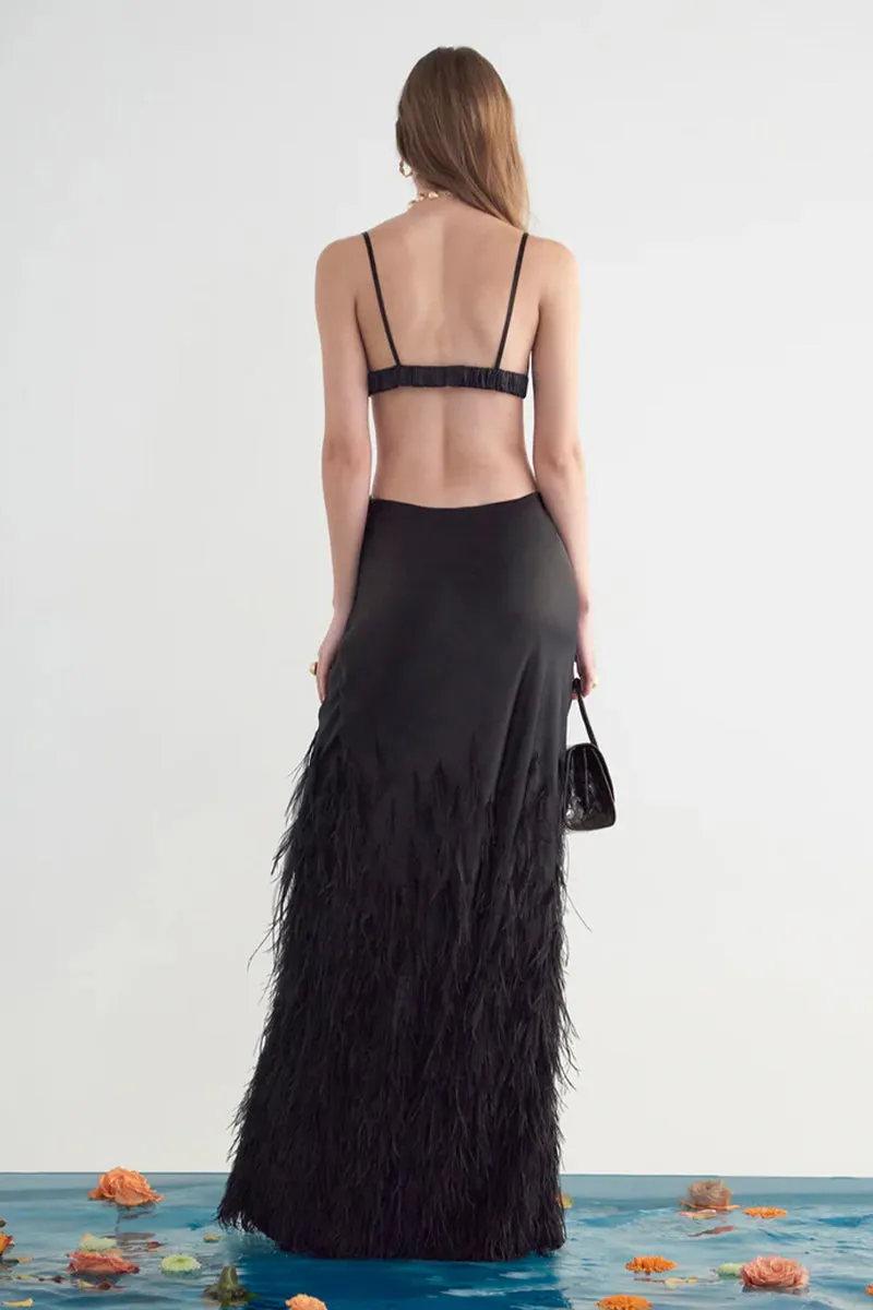 Lena Satin Cutout Ostrich Feather Maxi Dress