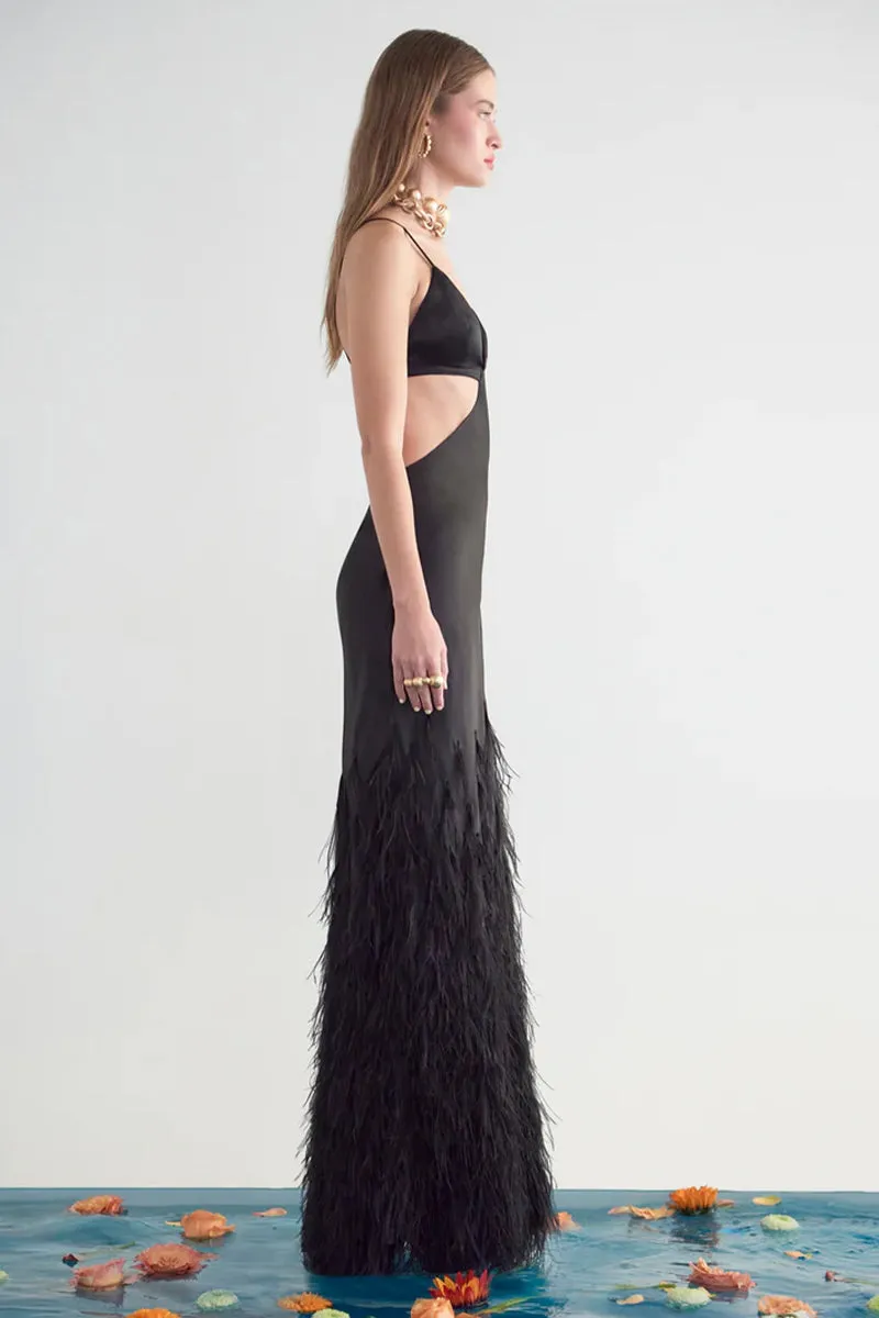 Lena Satin Cutout Ostrich Feather Maxi Dress