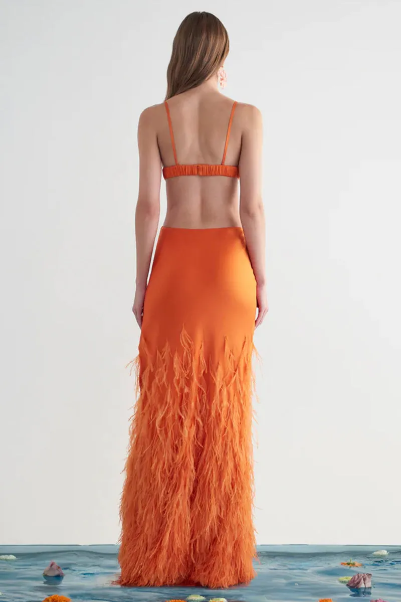 Lena Satin Cutout Ostrich Feather Maxi Dress