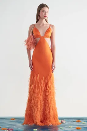 Lena Satin Cutout Ostrich Feather Maxi Dress