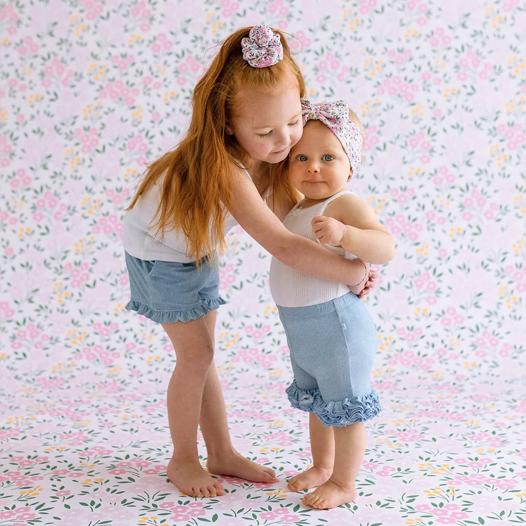 Light Blue Denim French Terry Ruffled Shorts