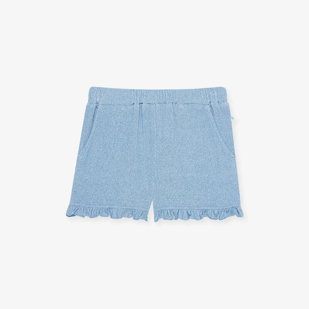 Light Blue Denim French Terry Ruffled Shorts