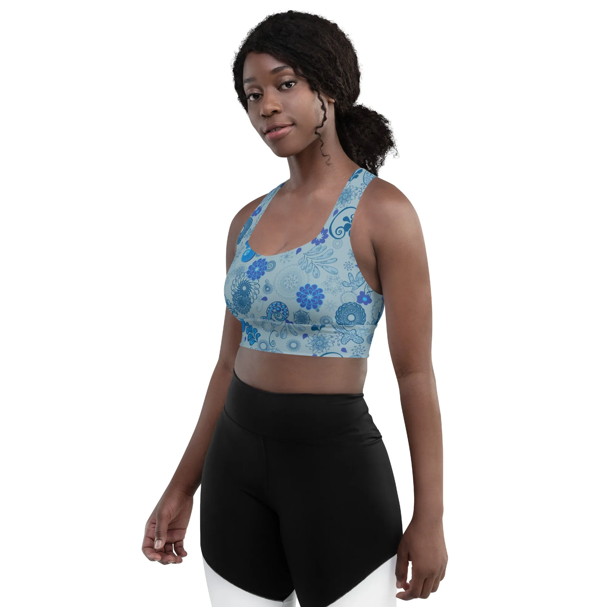 Lilly Longline sports bra, Blue Paisley