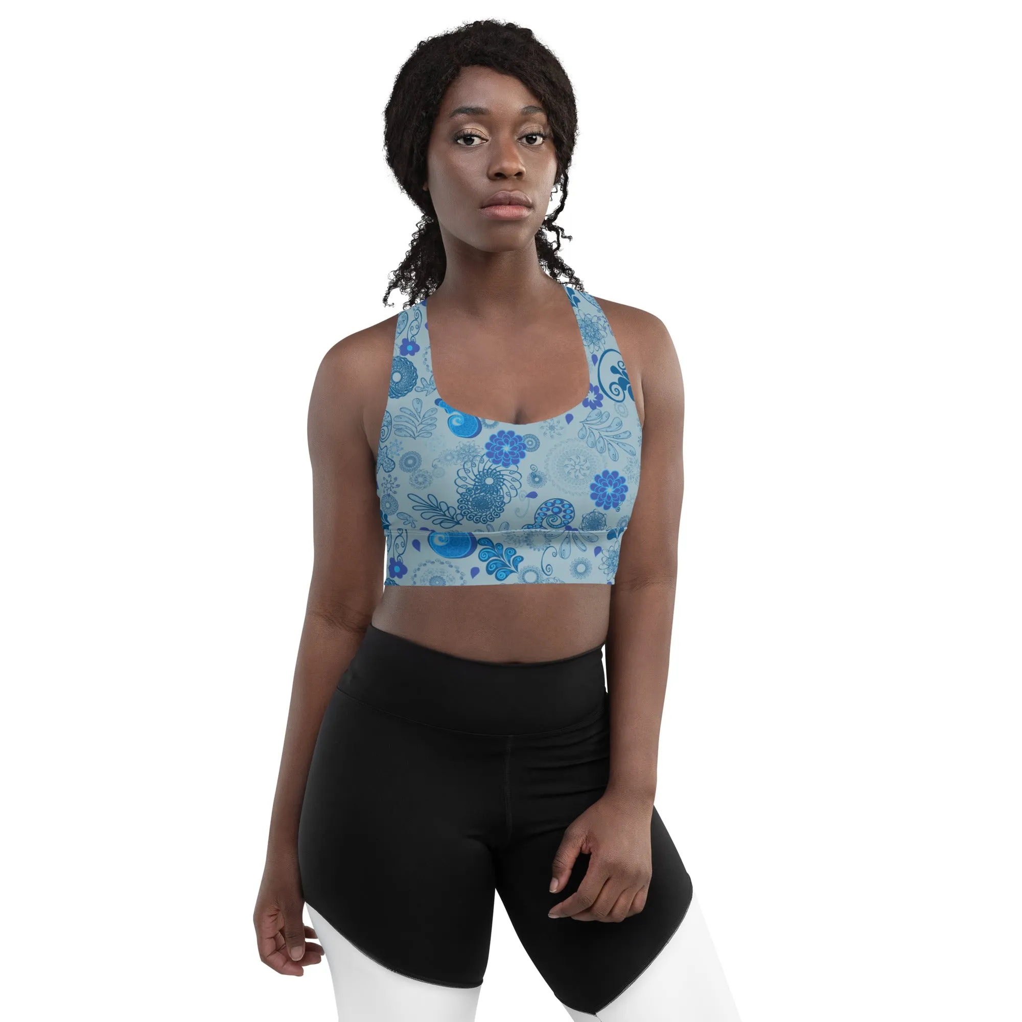 Lilly Longline sports bra, Blue Paisley