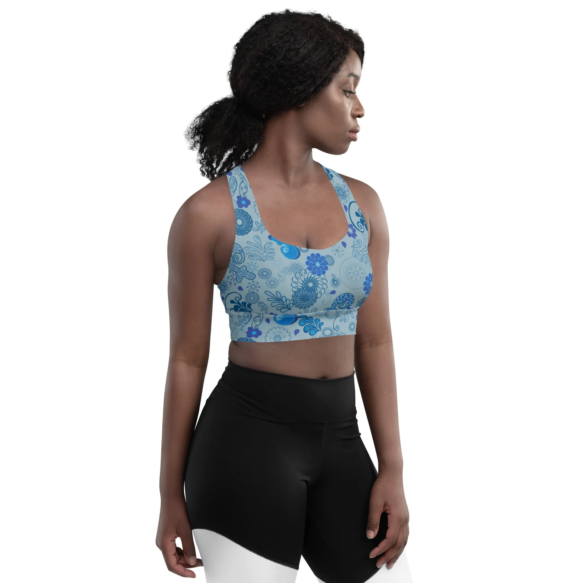 Lilly Longline sports bra, Blue Paisley