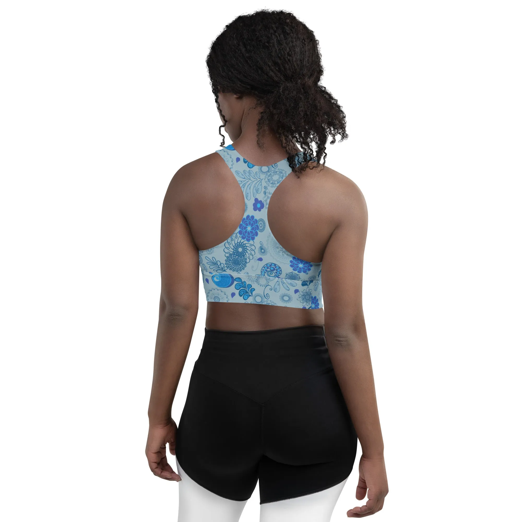 Lilly Longline sports bra, Blue Paisley