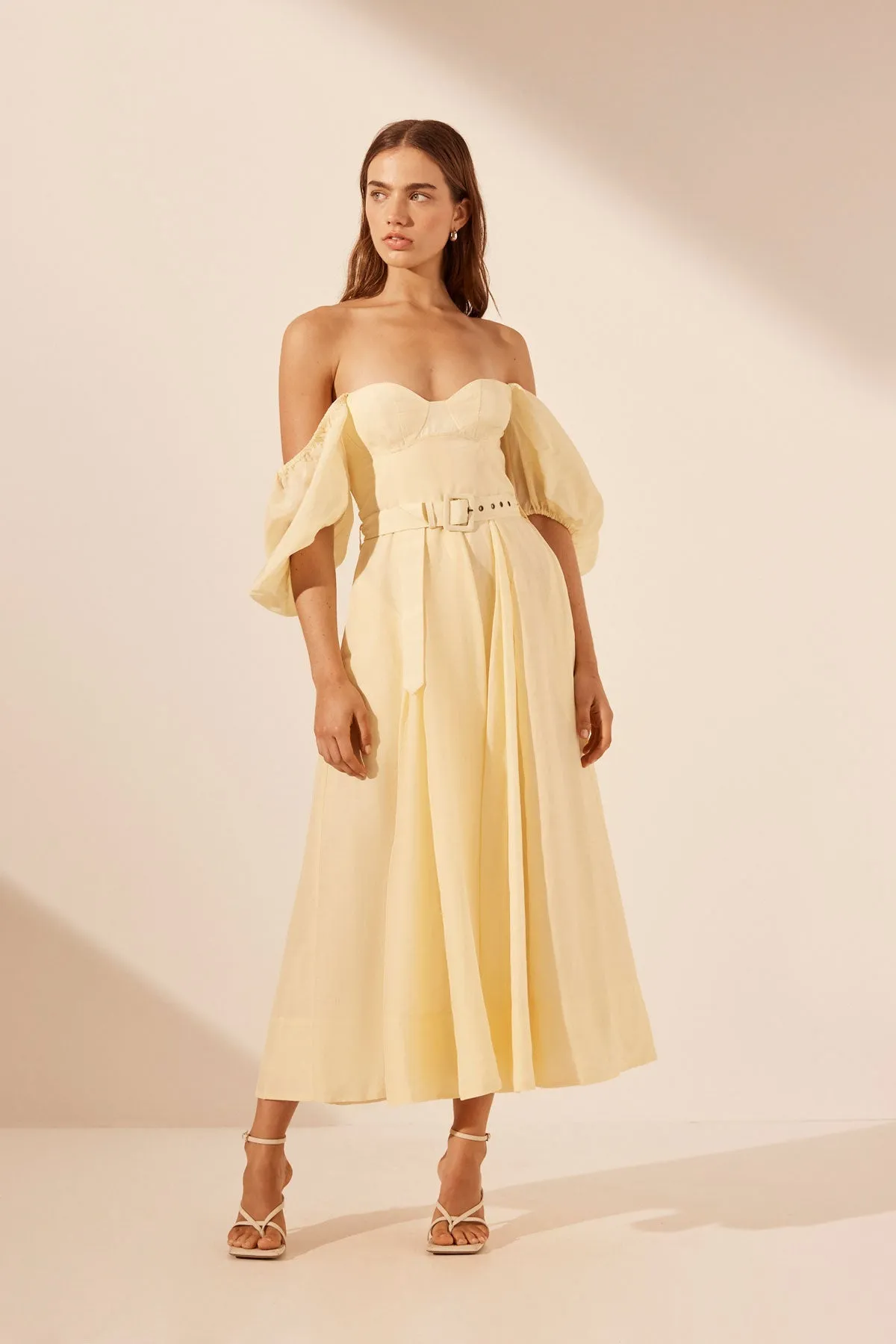 LIMON PUFF SLEEVE BUSTIER MIDI DRESS WITH BELT