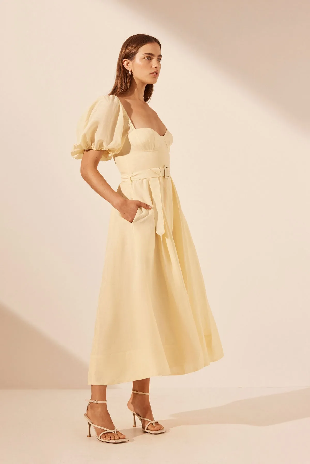 LIMON PUFF SLEEVE BUSTIER MIDI DRESS WITH BELT