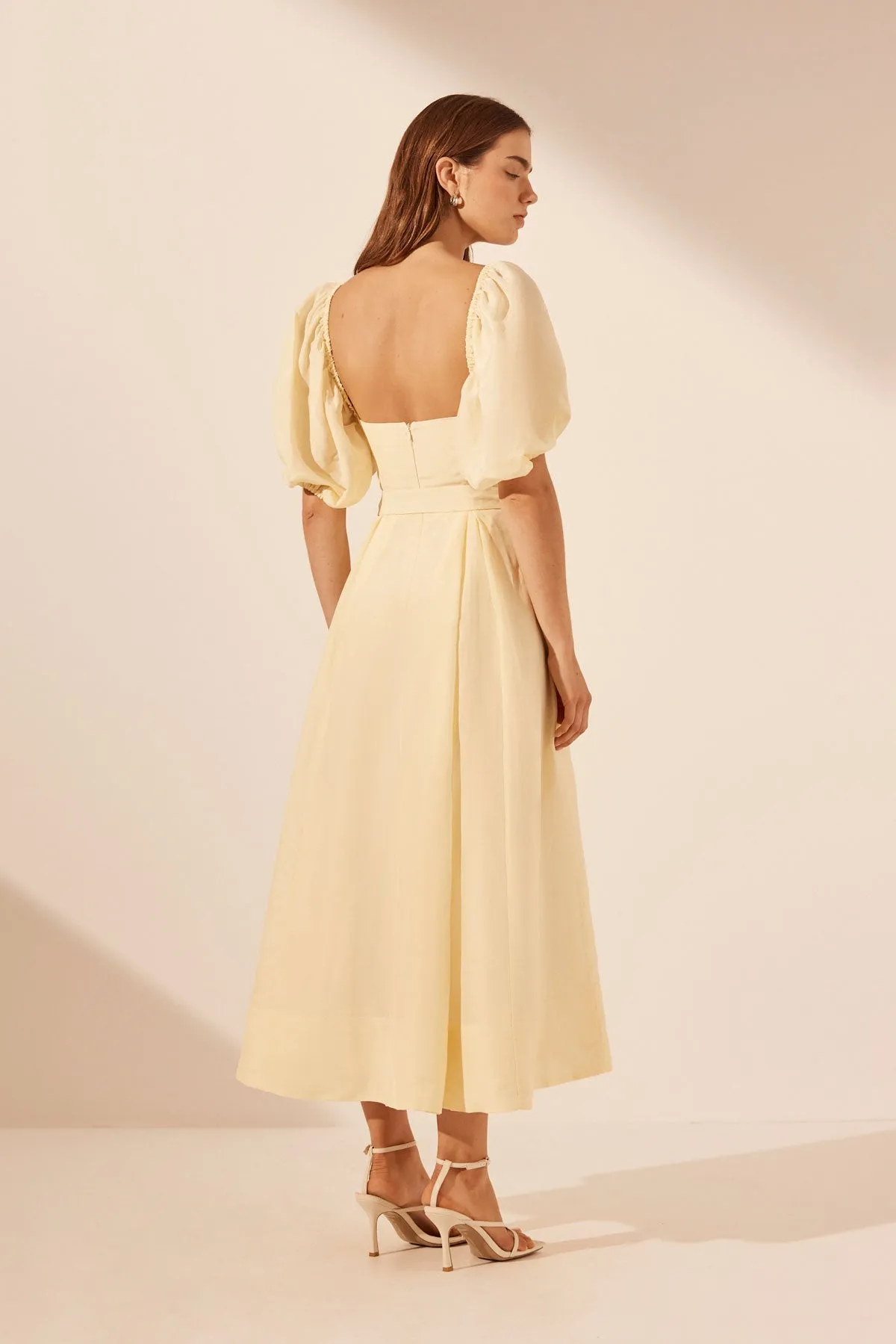 LIMON PUFF SLEEVE BUSTIER MIDI DRESS WITH BELT