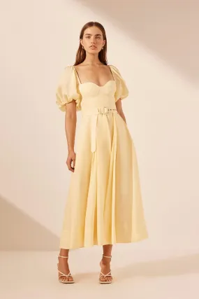 LIMON PUFF SLEEVE BUSTIER MIDI DRESS WITH BELT