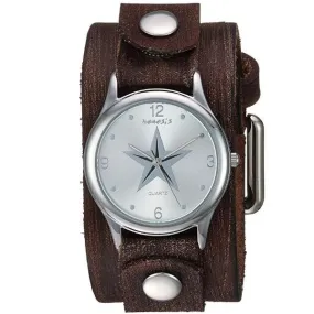 Little Star Ladies Silver/Silver Watch with Distressed Dark Brown Leather Cuff  BFGB355S