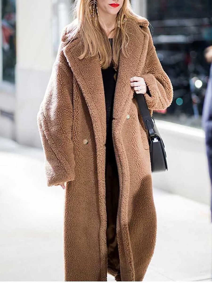 Long Faux Fur Camel Teddy Coat Maxi Jackets