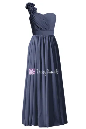 Long Navy Chiffon Bridesmaid Dress Full Length One Shoulder Bridesmaid Dresses (BM102L)