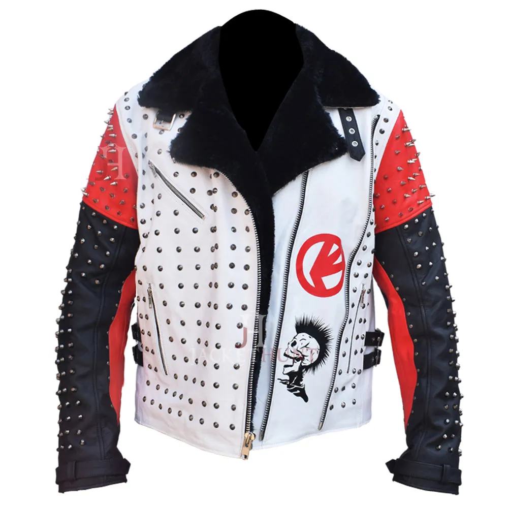 Men Punk Rock Star Jacket Studded Pin Leather Jacket