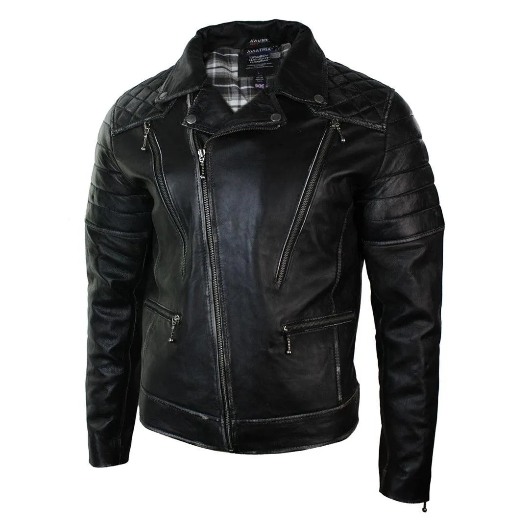 Mens Punk Rock Real Leather Cross Zip Biker Jacket Vintage Retro Effect