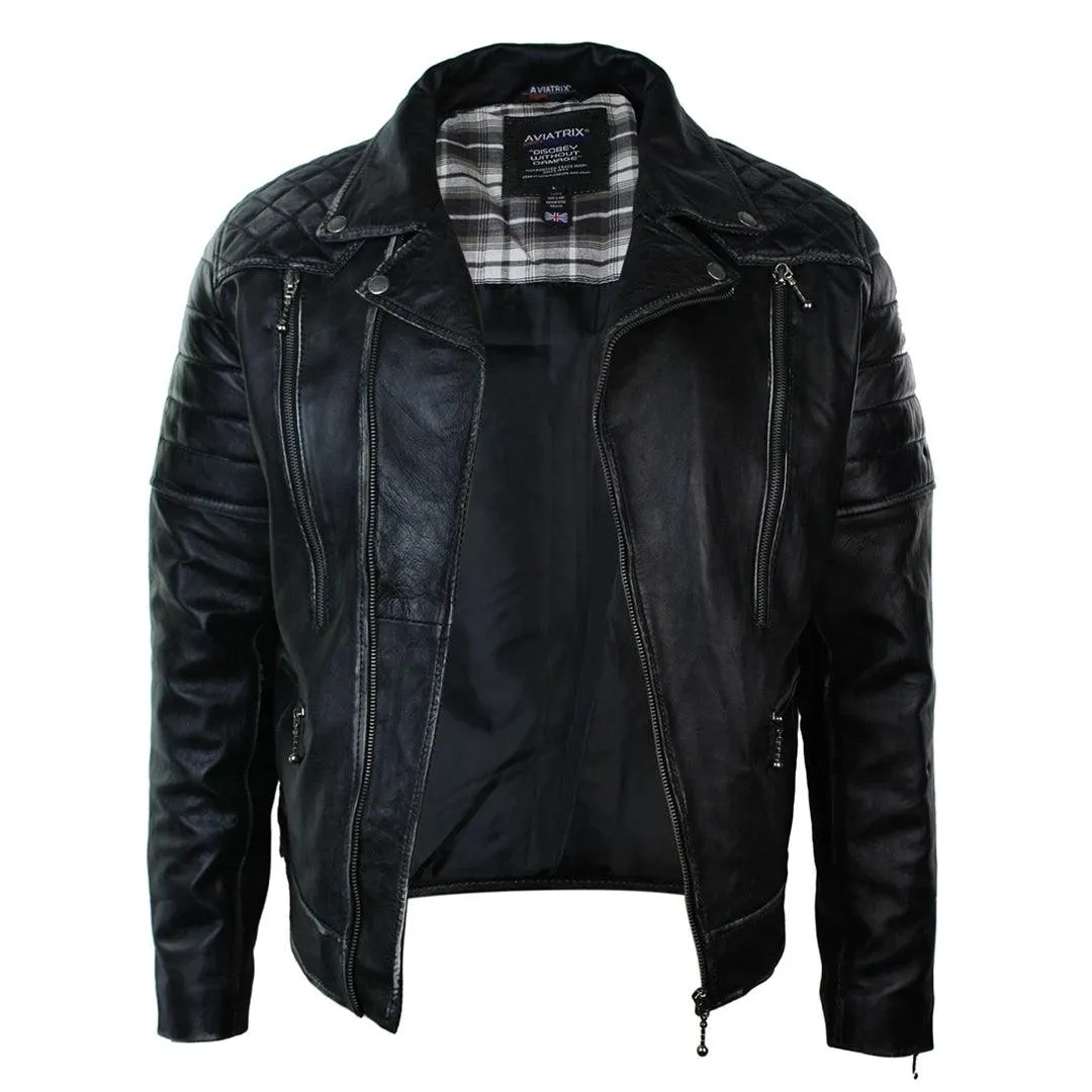 Mens Punk Rock Real Leather Cross Zip Biker Jacket Vintage Retro Effect