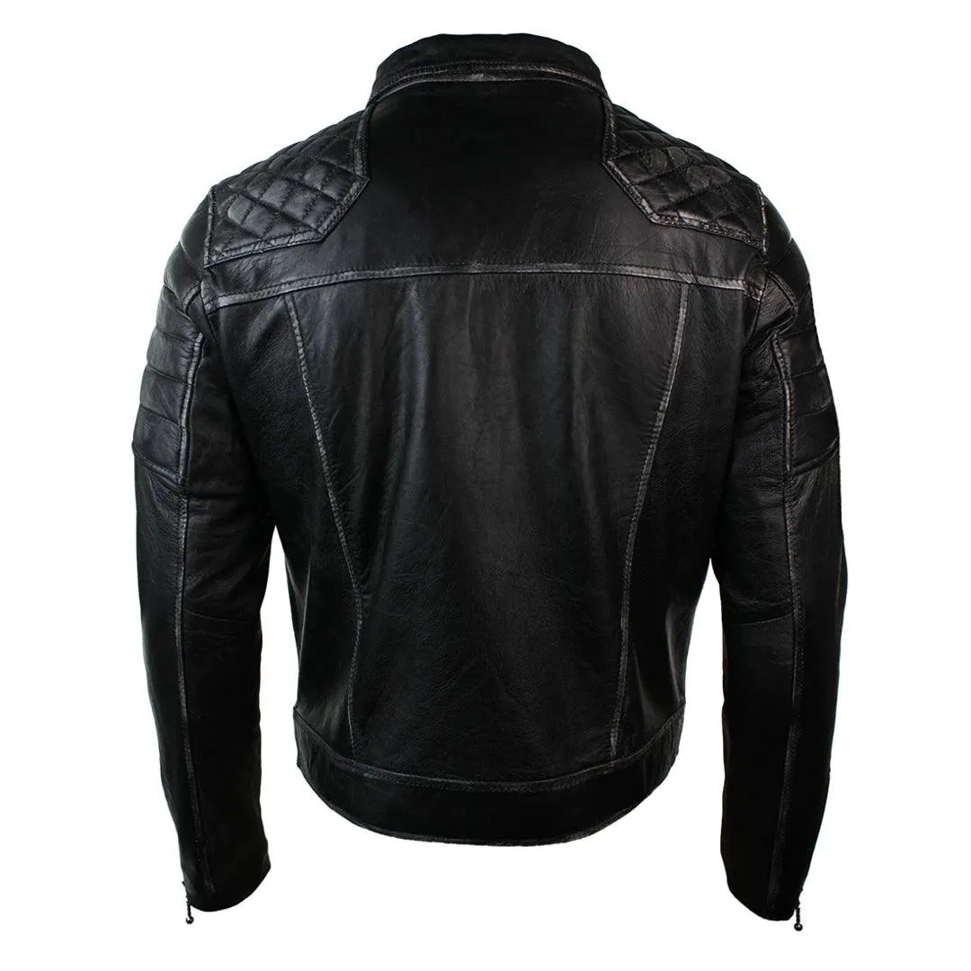 Mens Punk Rock Real Leather Cross Zip Biker Jacket Vintage Retro Effect