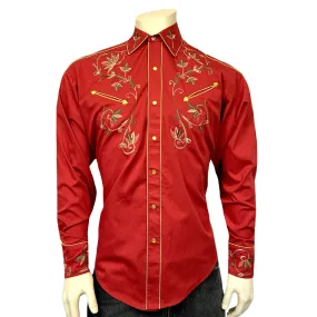 Men's Red Vintage Variegated Floral Embroidered Western Shirt