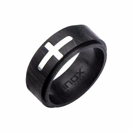 Men's Stainless Steel Cross Inlayed in Solid Carbon Graphite Ring-8mm