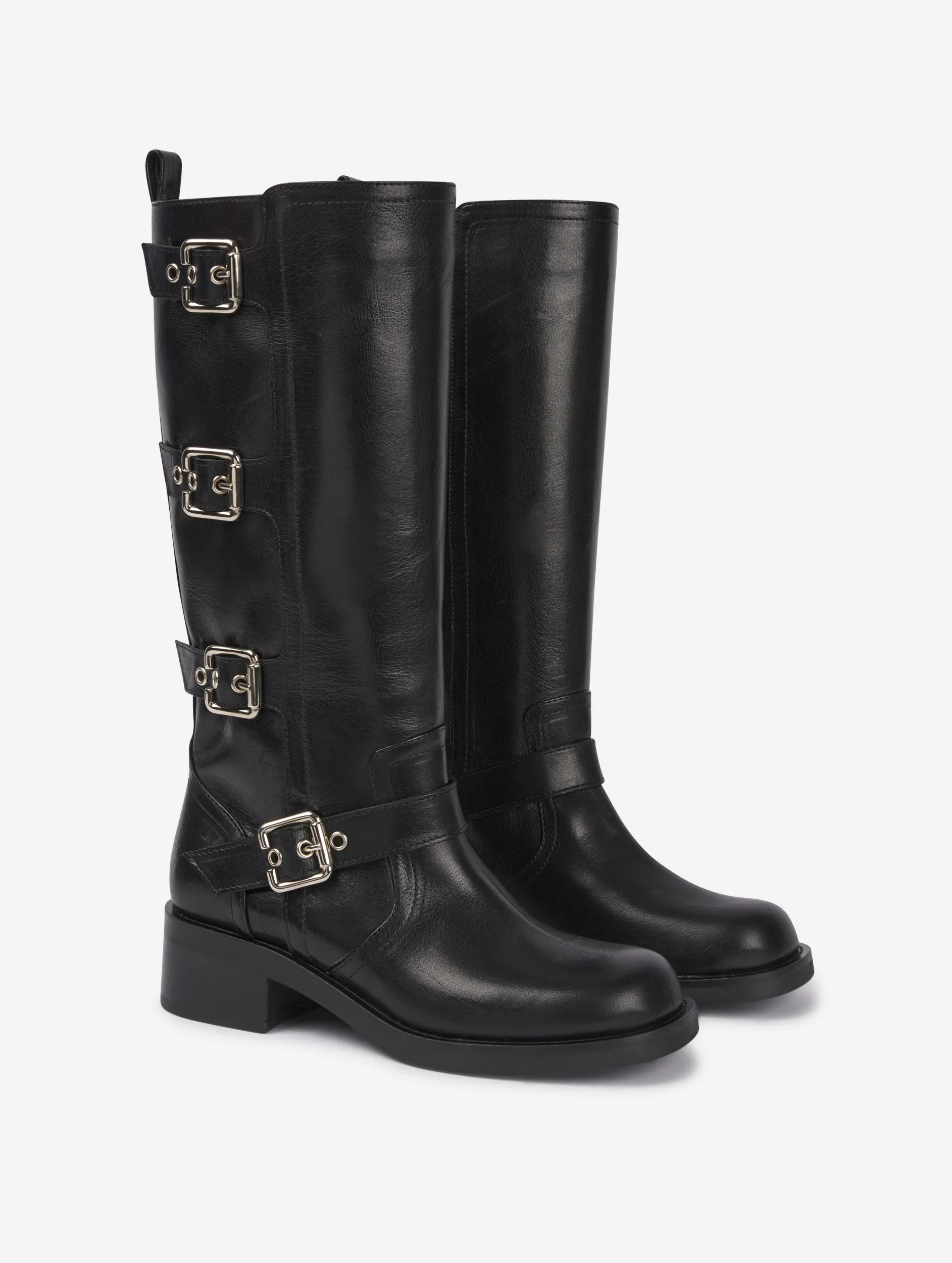 Multi-buckle biker boots in black leather