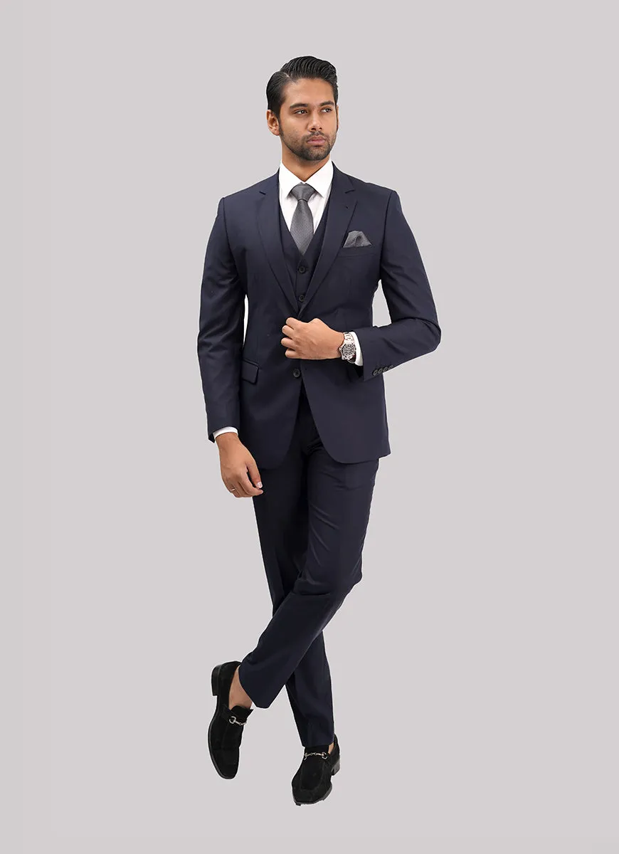 Navy Blue Plain Plain 3-Piece Suit